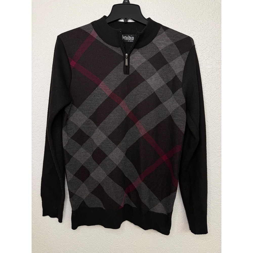 Studio by Omega Mens Quarter Zip Plaid Sweater Black Grey Burgundy Size M